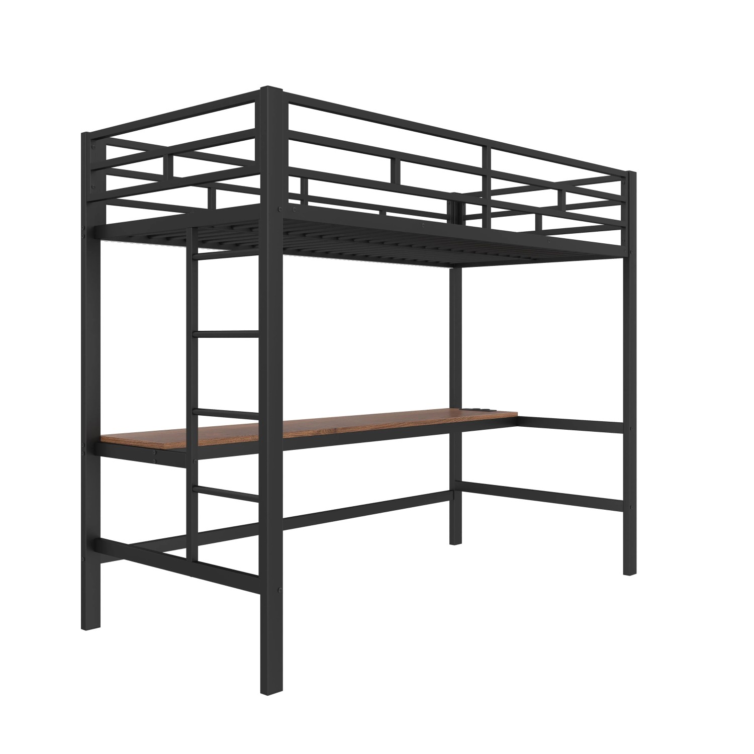 okwish Metall Hochbett 90x200cm mit Tisch USB Steckdose und LED Schwarz ohne Matratze