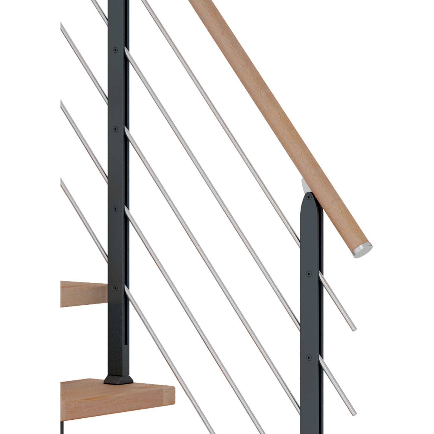 Detailaufnahme Dolle Mittelholmtreppe Frankfurt Buche/Anthrazit: Geländer mit Edelstahlstäben und Holzhandlauf.