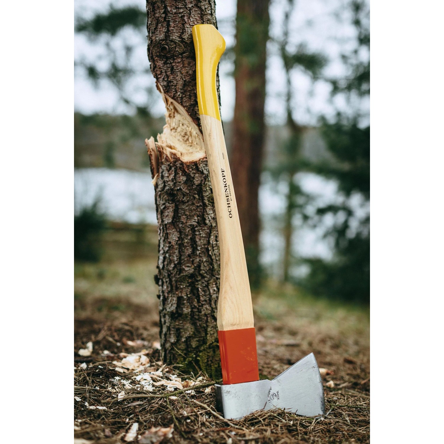 Ochsenkopf Forstaxt Universal Gold, 1,25 kg, mit Holzstiel und roter Stielschutzhülse.