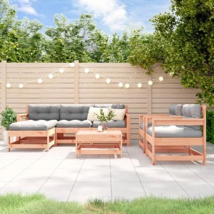 7-teiliges Garten Lounge Set aus Douglasie mit grauen Kissen. Gartenmöbel für Terrasse und Garten.
