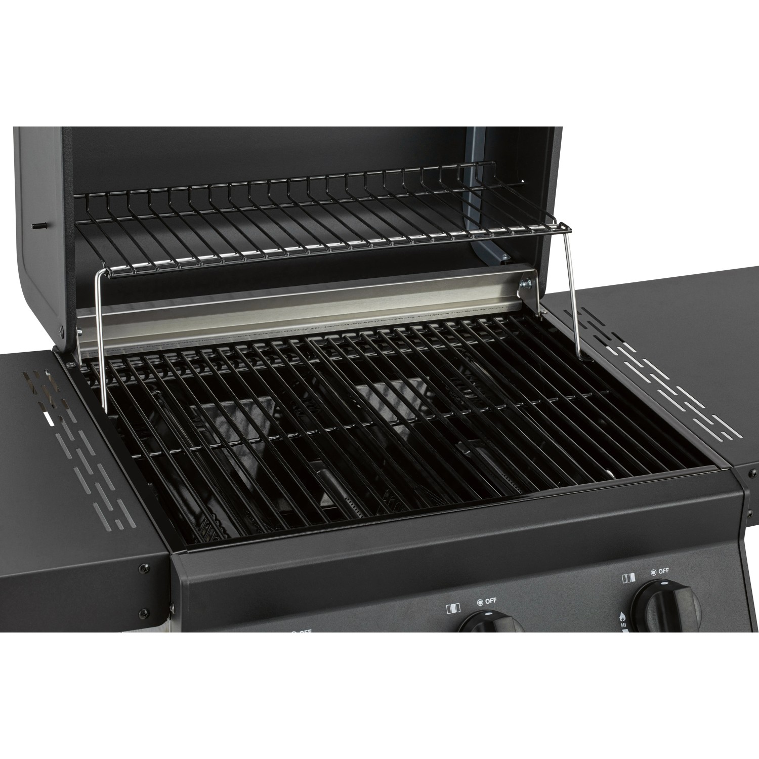 Schwarzer Gasgrill Cumbre mit 3 Brennern, Grillrost und Warmhalterost.