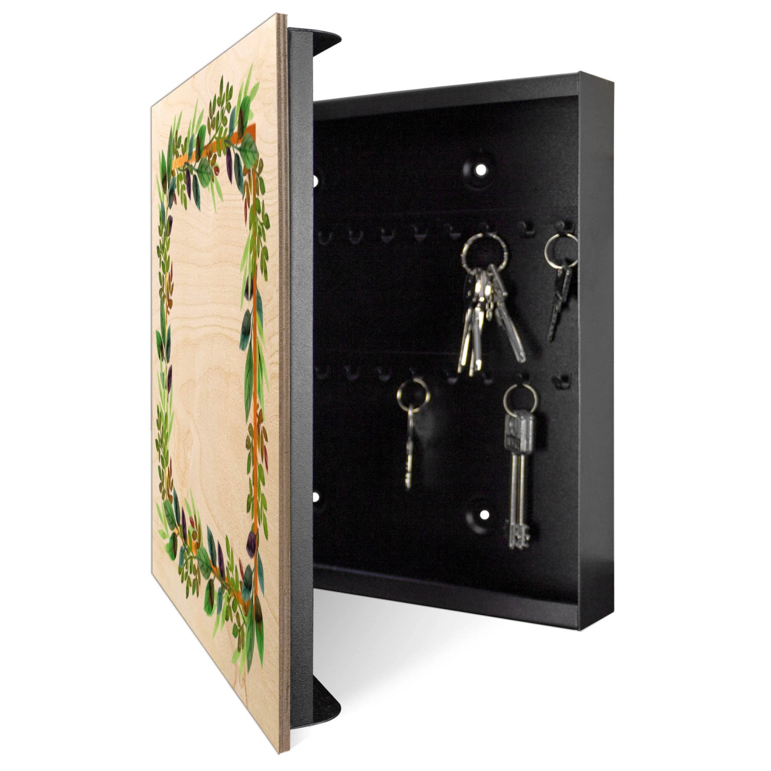 Offener, schwarzer Schlüsselkasten aus Holz (30x30cm) mit Blätterrahmen-Motiv und 50 Haken zur Schlüsselaufbewahrung.