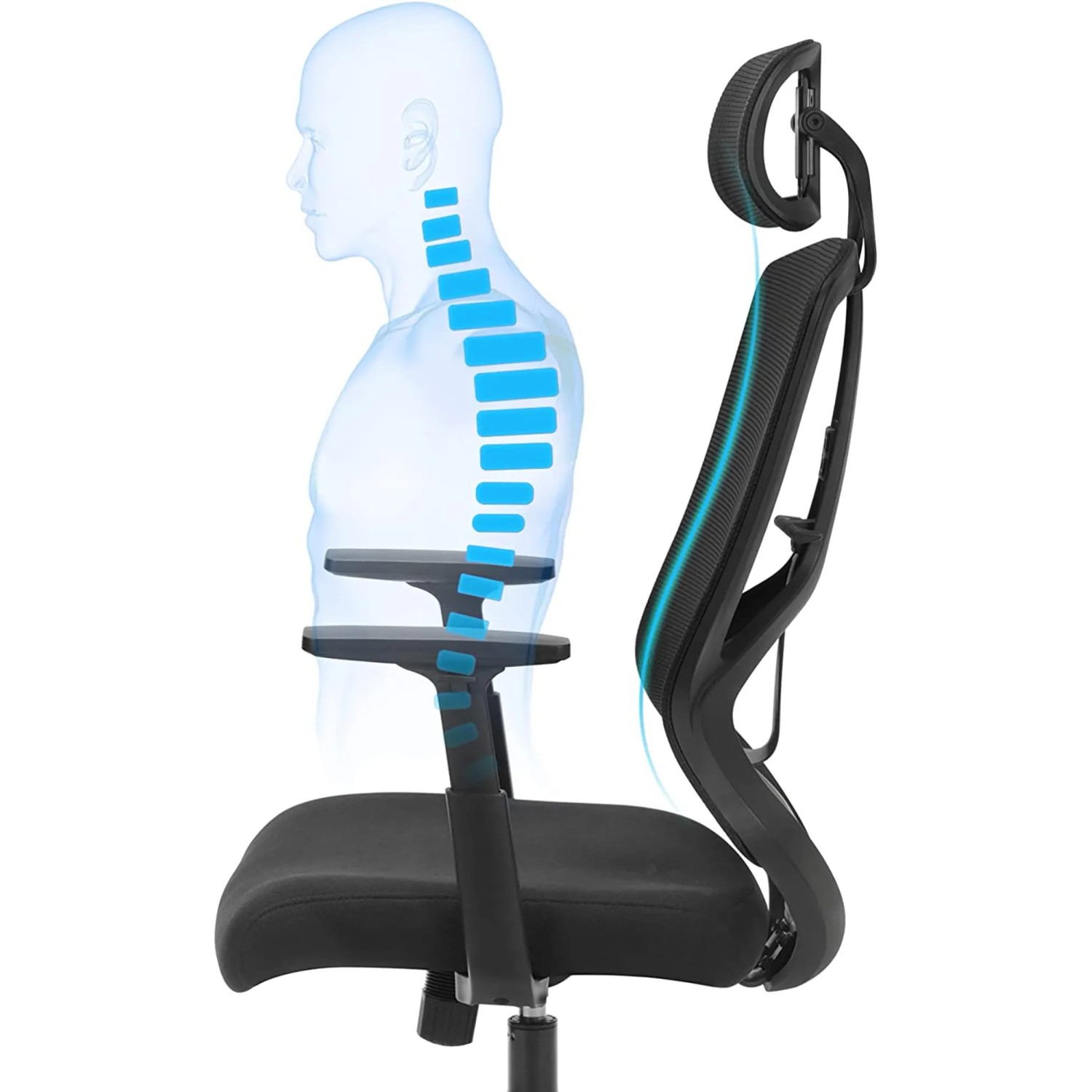 Ergonomischer Songmics Bürostuhl in Schwarz mit verstellbarer Lendenstütze für optimalen Komfort.