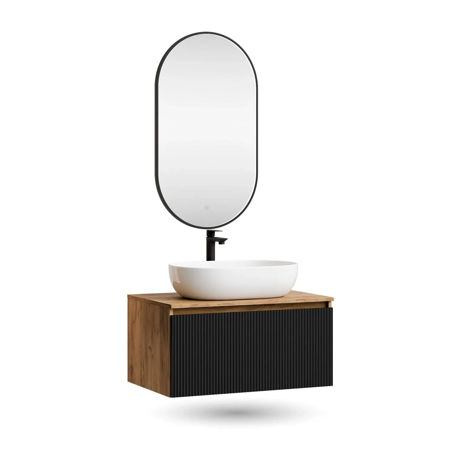 Planetmöbel ARISA Badmöbel Set 80 cm Schwarz Geriffelt Soft Close mit Glora LED Spiegel Oval 50 x 90 cm und Keramik Aufsatzwaschbecken Weiß 60 cm