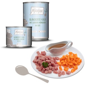 Mjamjam Katzen-Nassfutter Blanchiertes Kalb mit Möhrchen in Soße, 380g Dose.