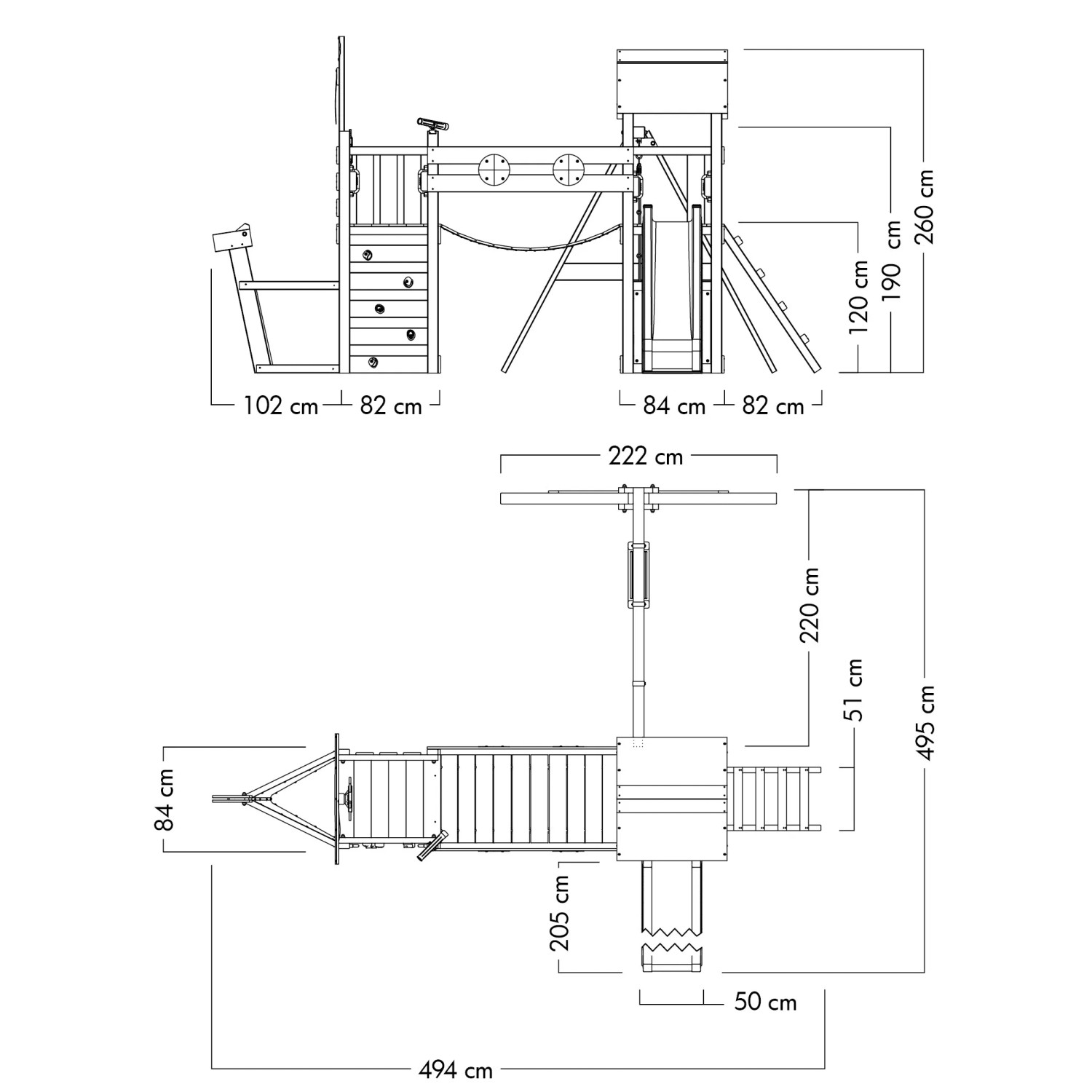 Maße des Wickey Spielturm StormFlyer mit Rutsche in Pastellblau, Seiten- und Draufsicht.
