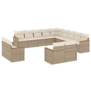 Beige 13-tlg. Garten-Sofagarnitur aus Rattan mit cremeweißen Kissen. Gartenmöbel für Terrasse und Garten.