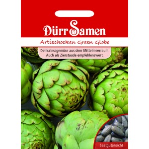 Dürr Samen Artischocken Green Globe Saatgut Packung mit grünen Artischocken und Saatgutsicht.