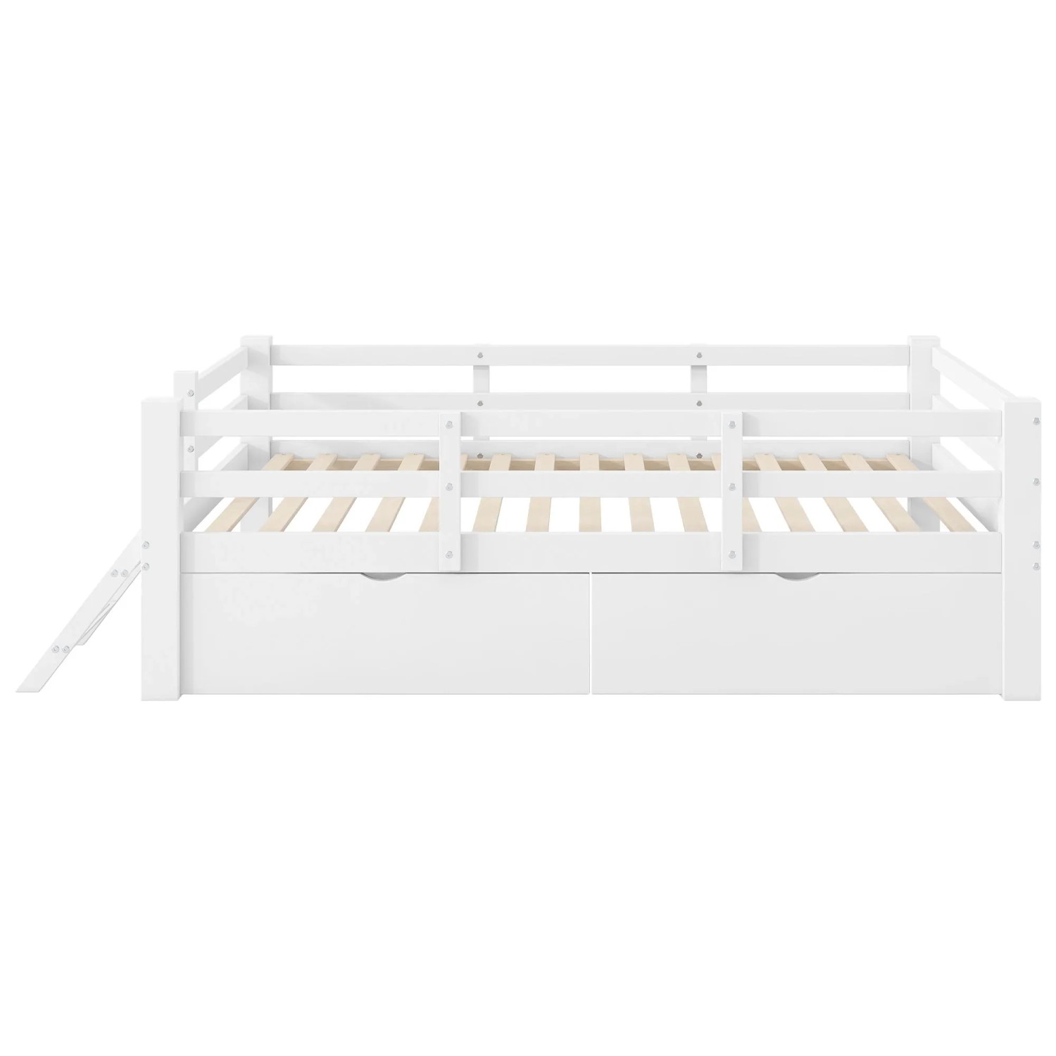 okwish Holzbett 90x200cm mit Schutzgeländer und 2 Schubladen Weiß ohne Matratze