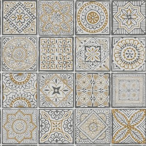 Orientalische Tapete in Fliesenoptik Grau/Gold, Vliestapete für Wohnzimmer und Küche.