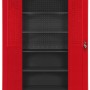 Geöffneter Jan Nowak Werkzeugschrank BRUNO, 185x92x50 cm, anthrazit-rot, mit Fachböden und Lochwand.