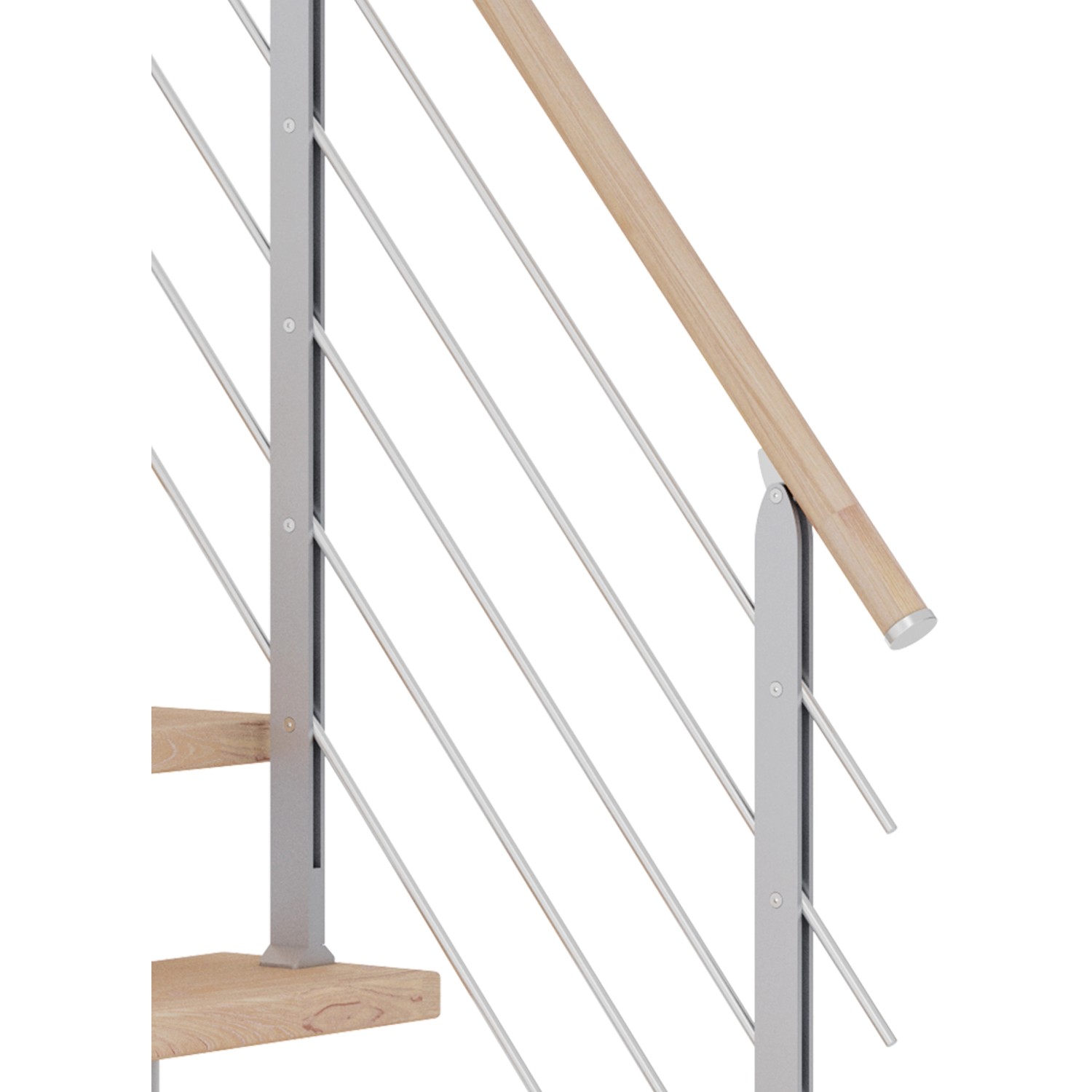 Detailaufnahme Dolle Mittelholmtreppe Frankfurt Eiche/weiß mit Geländer.