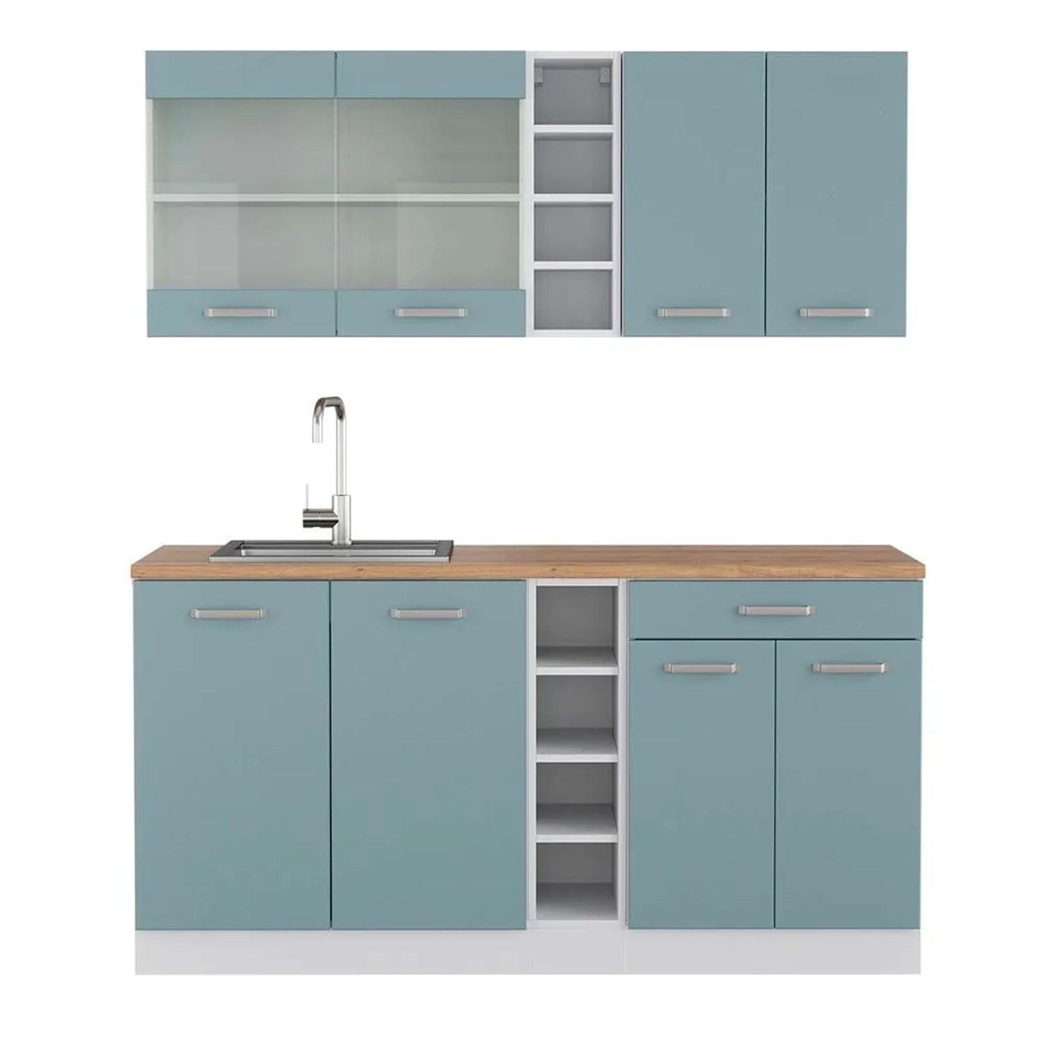 Vicco R-Line Singleküche Blau-Grau Weiß 160 cm AP Eiche ohne E-Geräte