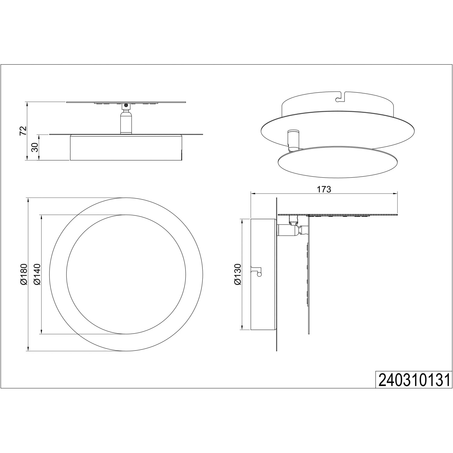Technische Zeichnung der runden, weißen Trio LED-Wandlampe Mio mit Maßangaben.