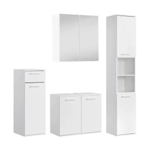 Mokebo Badmöbel-Set „Der Steuermann“, 4-teilig, weiße Badezimmermöbel mit Spiegelschrank, Waschbeckenunterschrank, Hochschrank und Unterschrank.