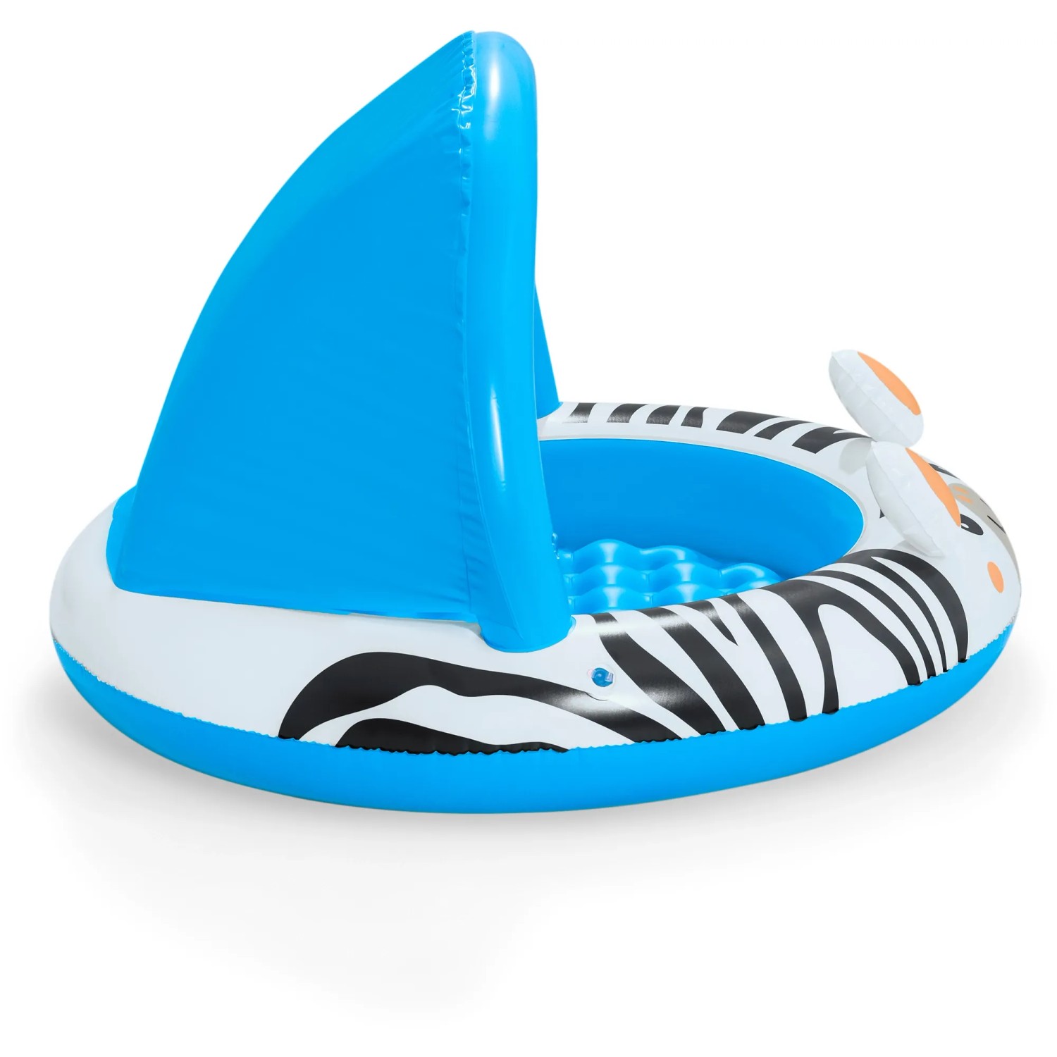 Bestway Planschbecken Safari Sun mit blauem Sonnenschutzdach und Zebra-Muster.