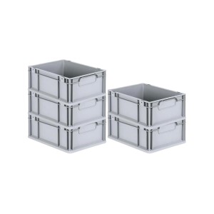 PROREGAL Eurobox Sparset, 5 graue Kunststoffboxen (16L) mit Griffen, gestapelt.