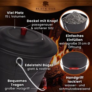 BLACK OAK Ascheeimer KATLA 15L mit Deckel, pulverbeschichtet, für Kamin & Grill.