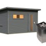 Karibu Saunahaus Arvi 6, terragrau, mit Ofen. Holzhaus mit Fenster und Tür, inklusive Saunaofen.