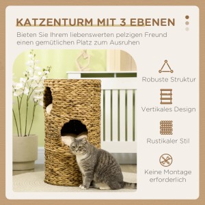 PawHut Kratzbaum Kratztonne mit 3 Höhlen und Katze davor. Ideal als Rückzugsort und zum Spielen.