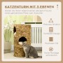 PawHut Kratzbaum Kratztonne mit 3 Höhlen und Katze davor. Ideal als Rückzugsort und zum Spielen.