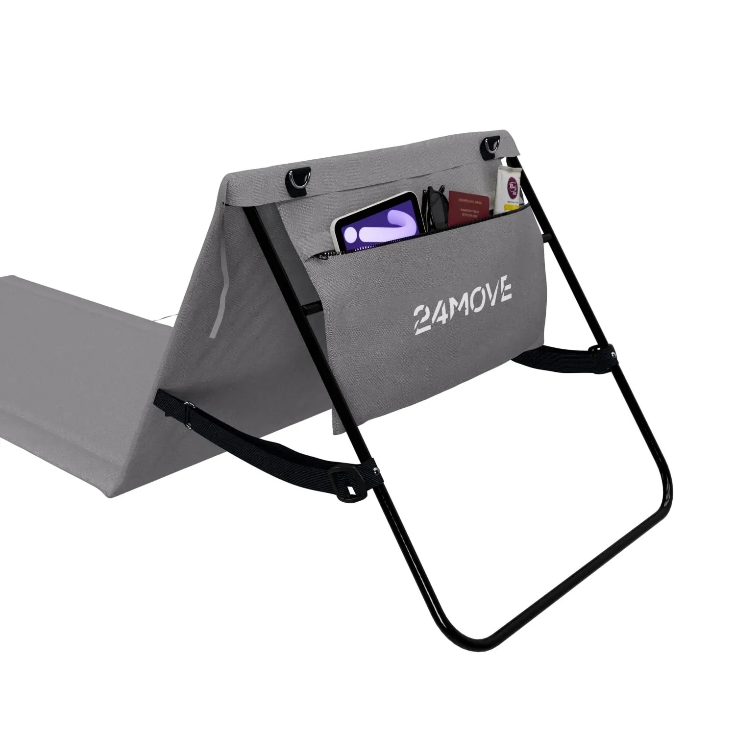 24MOVE Strandmatte, klappbar mit Rückenlehne und Tasche, grau. Ideal für den Strand.
