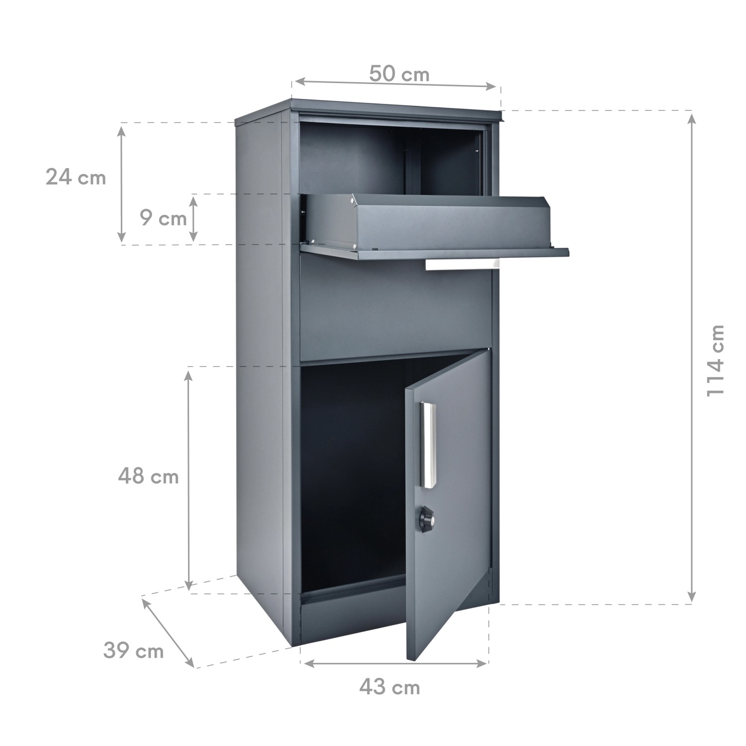 Westmann Paketbox Pepe, anthrazitfarbener Stahl, mit Kipp- und abschließbarem Paketfach, Maße eingezeichnet.