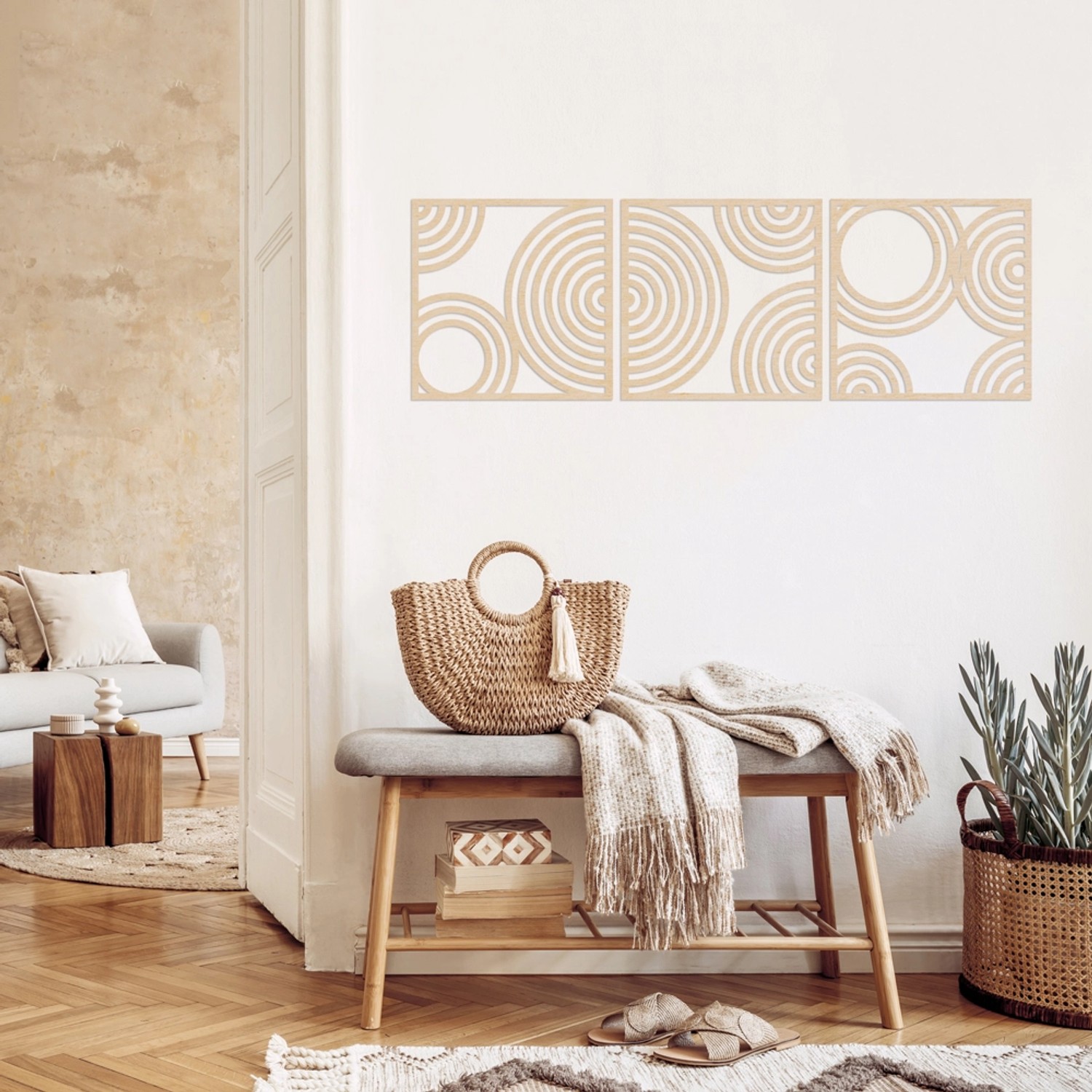 WANDStyle Wanddeko Kreise, 3-teilig, Pappelholz, 96x30 cm. Moderne Wanddekoration für Wohnräume.