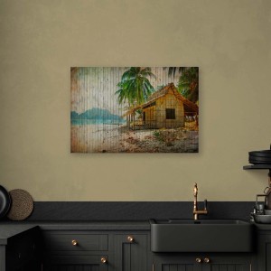 Leinwandbild mit Strandhaus-Motiv in Holzoptik. Wandbild für Wohnzimmer, Küche oder Bad.