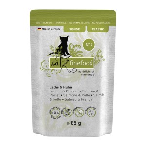 Catz Finefood Senior Nassfutter Lachs & Huhn, 85g Packung für ältere Katzen.