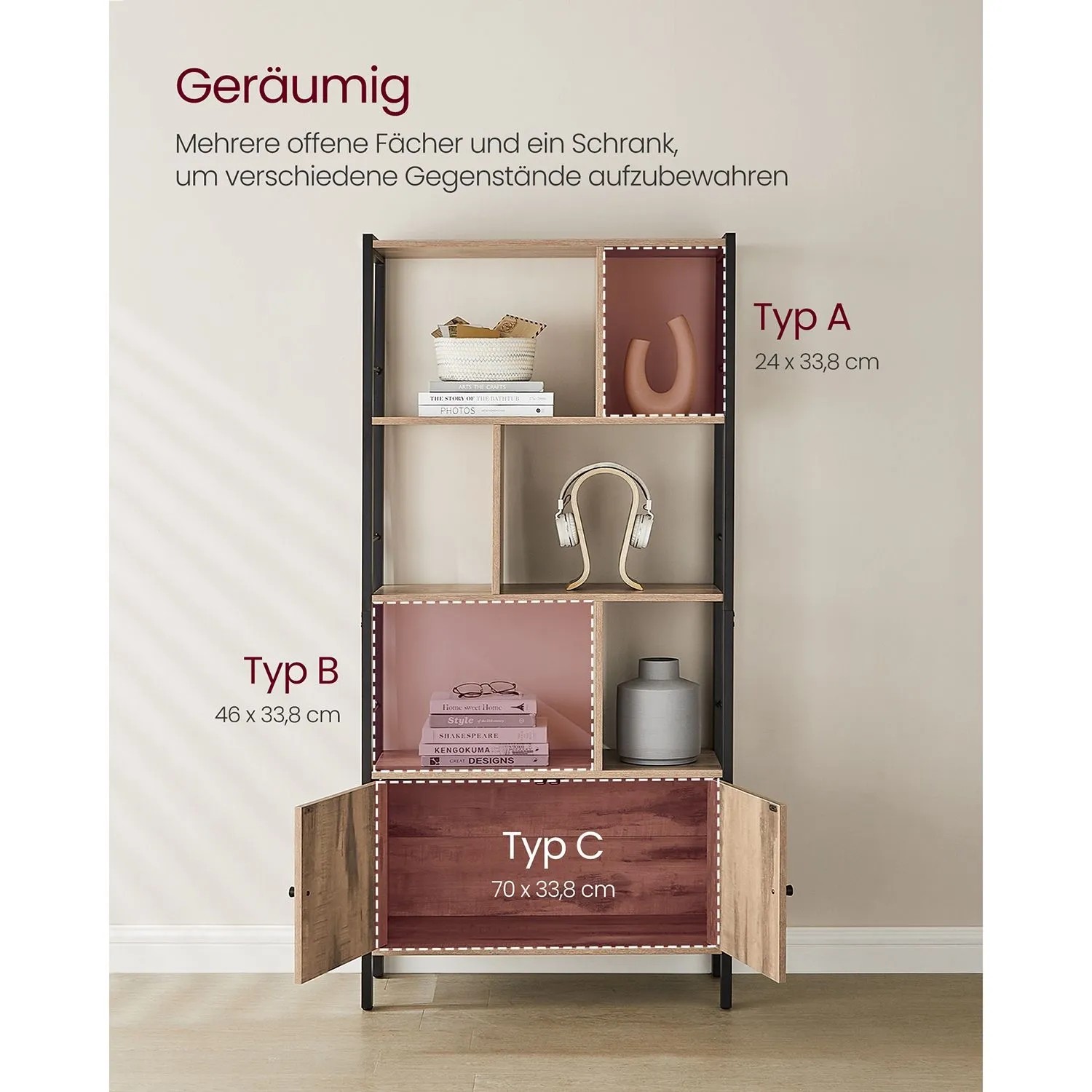 Vasagle Bücherregal mit 4 Ebenen, braun-schwarz, mit offenem und geschlossenem Stauraum.