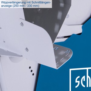Detailaufnahme: Scheppach HS550 Wippsäge, Wippverlängerung mit Schnittlängenanzeige.