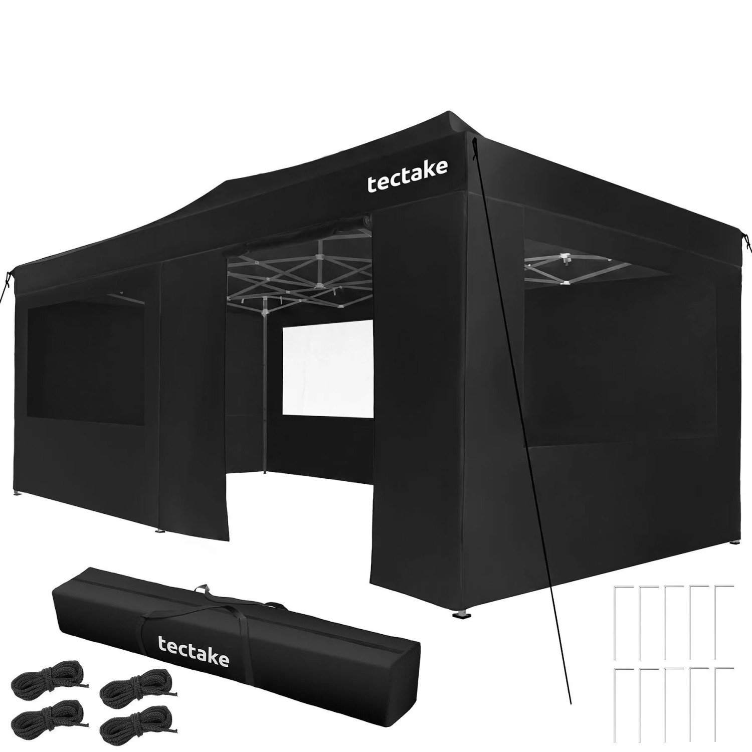Tectake Aluminium Faltpavillon Viola 6 x 3 M  Wasserdicht 6 Seitenteile  Mit Reißverschlusszugang und 3 Fenstern  600 x 300 x 316 cm Schwarz