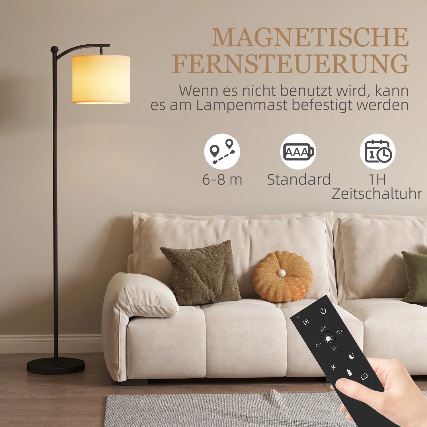 HOMCOM Stehlampe, schwarz mit cremefarbenem Stoffschirm, mit Fernbedienung. Elegante Innenleuchte für Wohnzimmer.