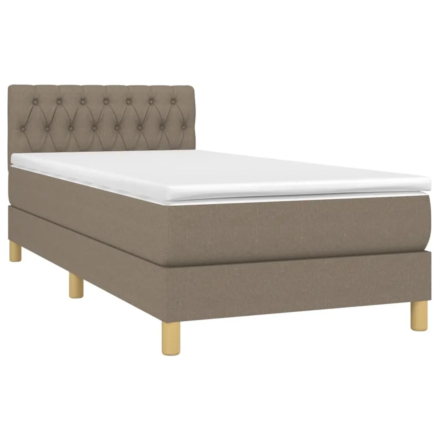 Taupes Boxspringbett 90x190 cm mit Matratze und weißem Topper.