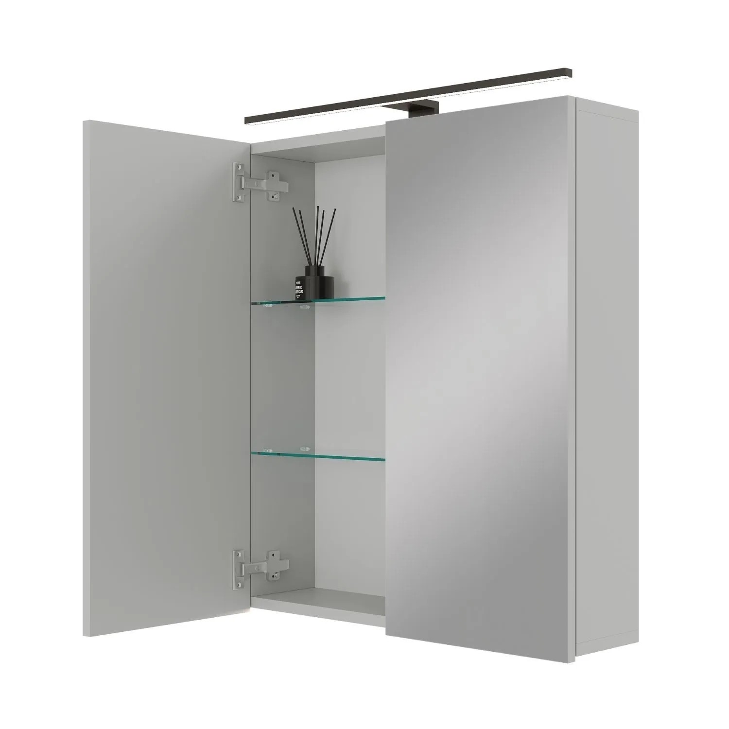Planetmöbel ARIA Spiegelschrank 60 cm Weiß Grau mit LED Leuchte Schwarz Steckdosenbox 230 V