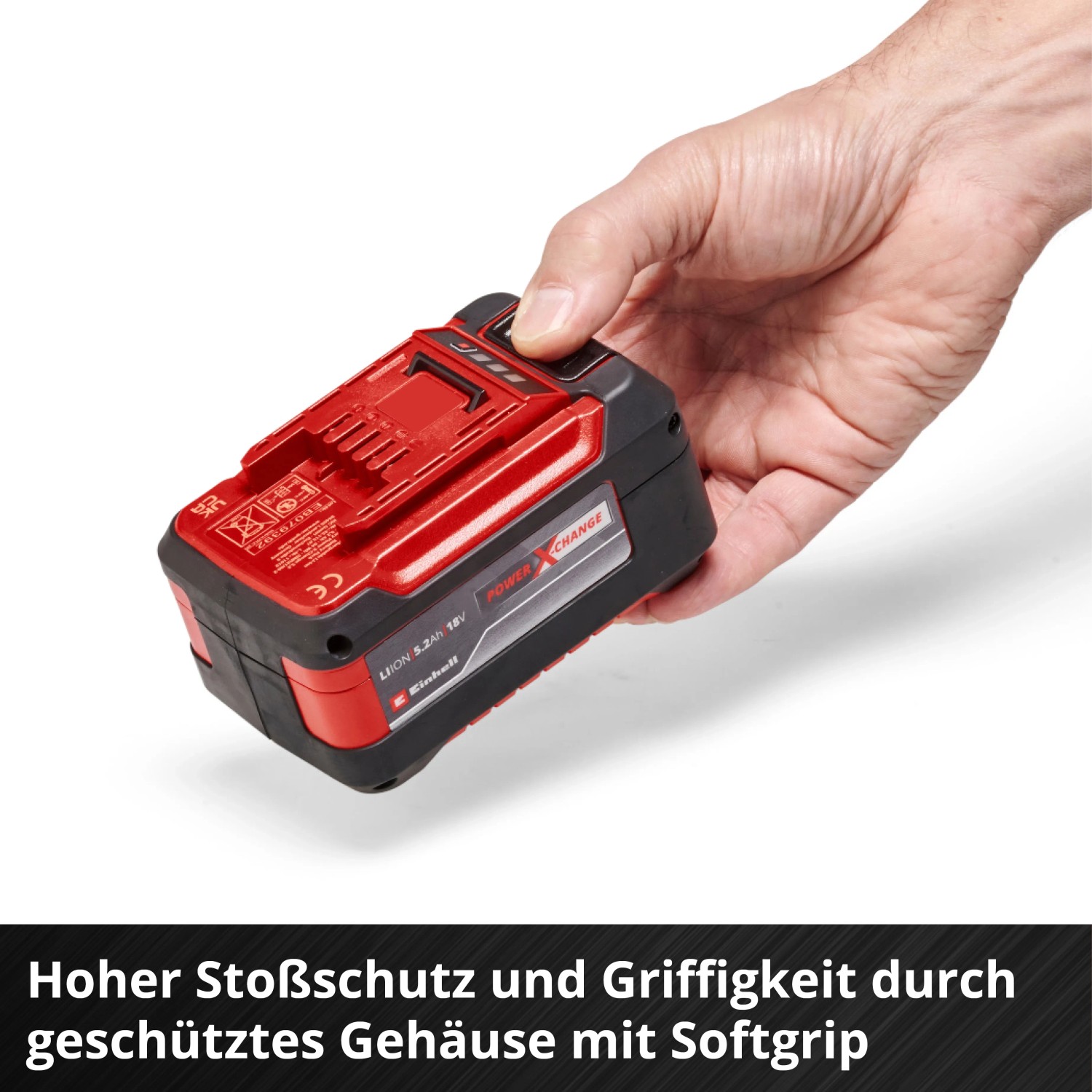 Einhell Power X-Change Akku 18 V 5,2 Ah Plus in Hand, rot-schwarz. Akku für Elektrowerkzeuge.