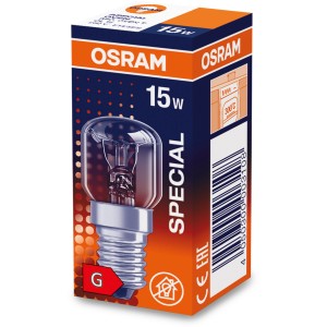 Osram T-Röhrenform Leuchtmittel E14, 15W, Warmweiß, für Backöfen bis 300°C geeignet.