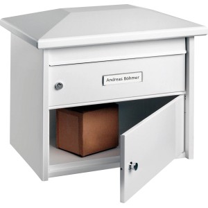 Weißer Burg-Wächter Großraum-Briefkasten Europa 732 mit Paketbox und geöffneter Tür.