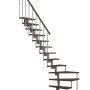 Raumspartreppe Minka Style Turn, Walnuss/Grau, mit Holzstufen und Metallgeländer.