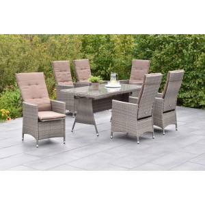 Merxx Valencia Gartenmöbel-Set, 13-teilig mit Tisch und 6 verstellbaren Sesseln mit beigen Kissen.
