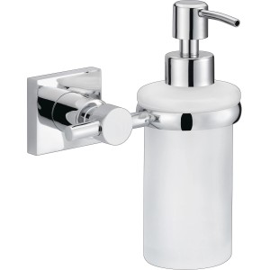 Verchromter Tesa Hukk Seifenspender zur Wandmontage mit satiniertem Glasbehälter.