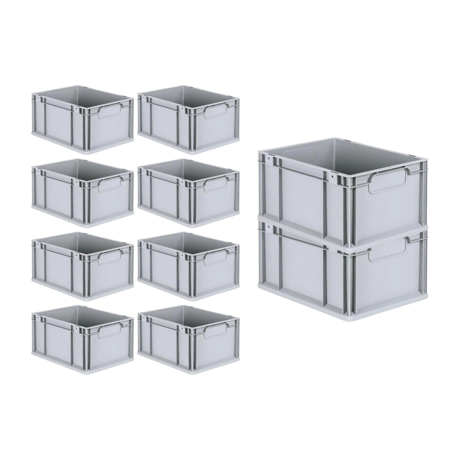 PROREGAL Spar Set: 10 graue Euroboxen Nextgen Economy mit Deckel und Schnappverschlüssen, 20 Liter.