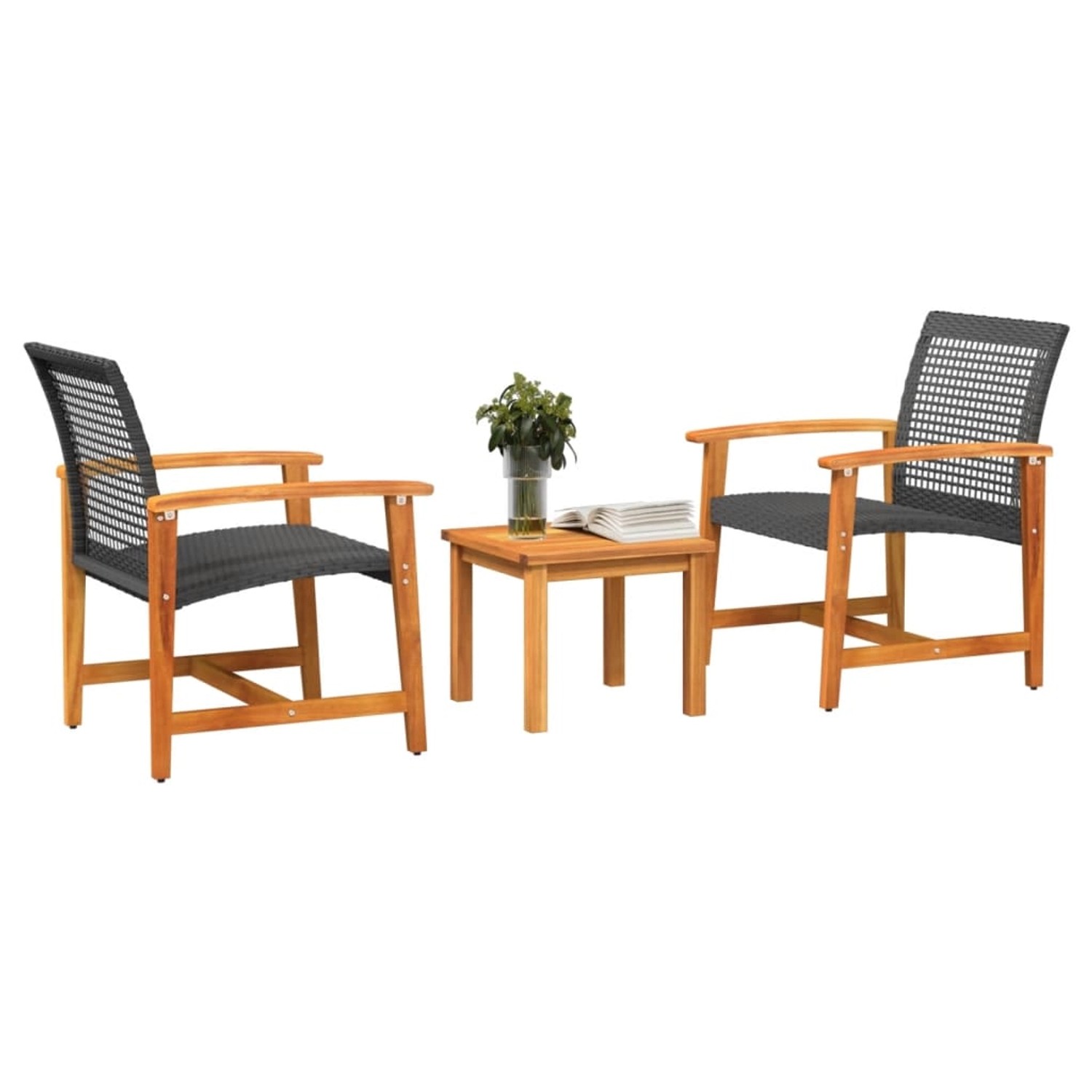 vidaXL Bistro-Set, 3-teilig, schwarz, Poly Rattan, Akazienholz. Gartenmöbel-Set mit Tisch und zwei Stühlen.