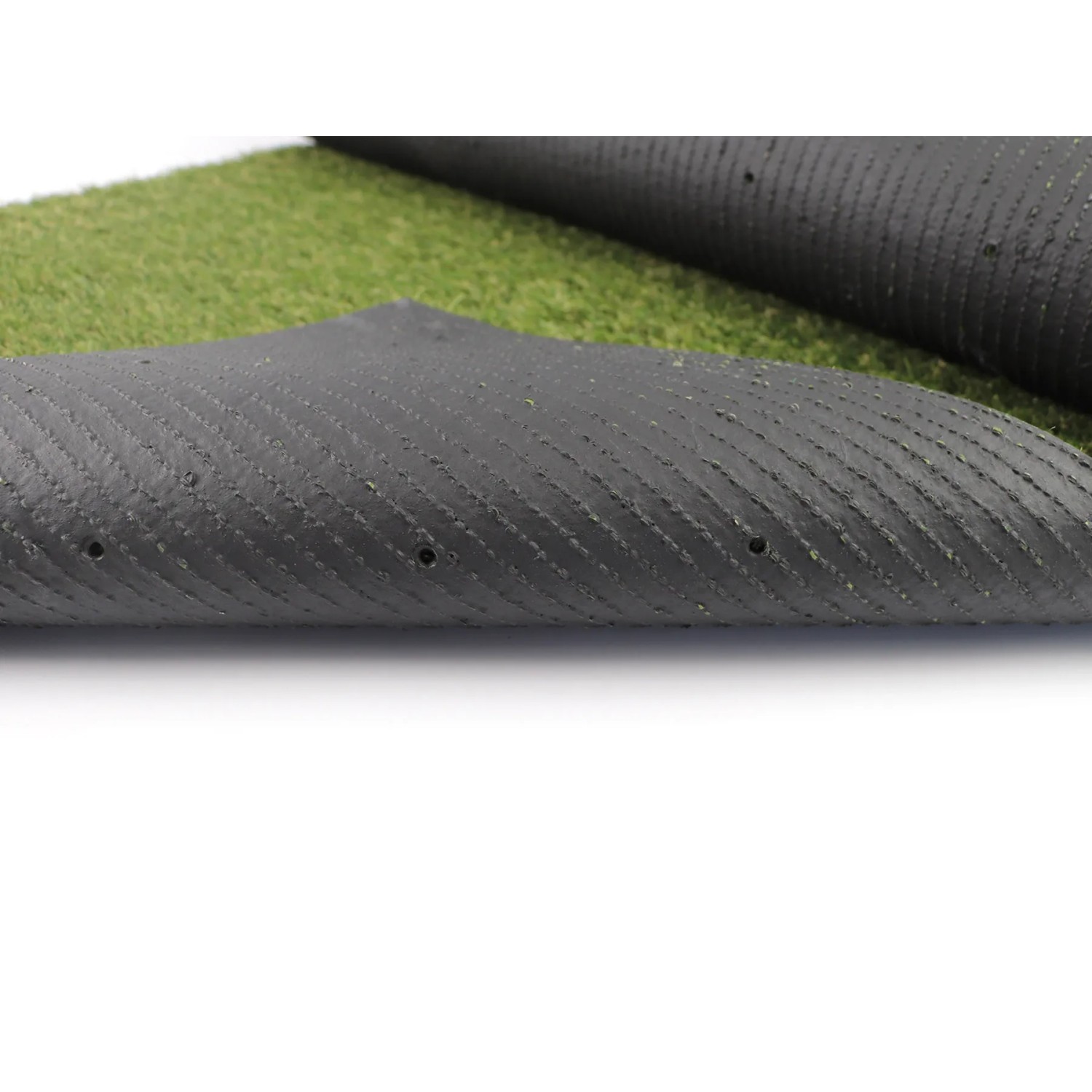 Primaflor Kunstrasen Arizona Grün, Detailaufnahme der Rückseite mit Drainagelöchern.