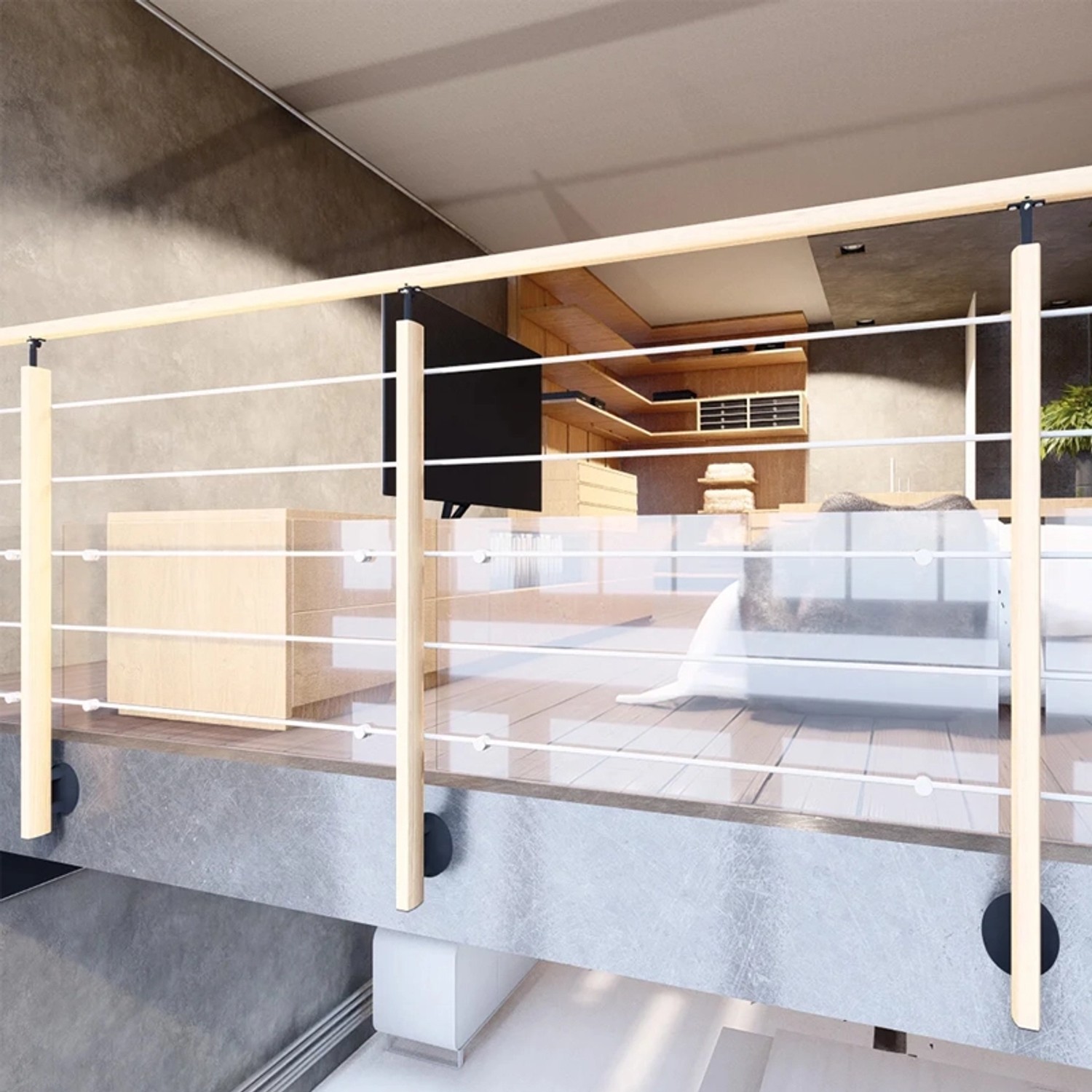 Kordo Geländerpfosten aus Buchenholz mit seitlicher Befestigung im modernen Wohnraum.