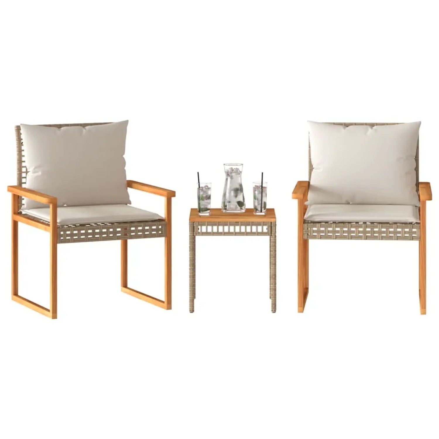 3-teiliges Bistro-Set aus Polyrattan und Akazienholz mit cremeweißen Kissen.