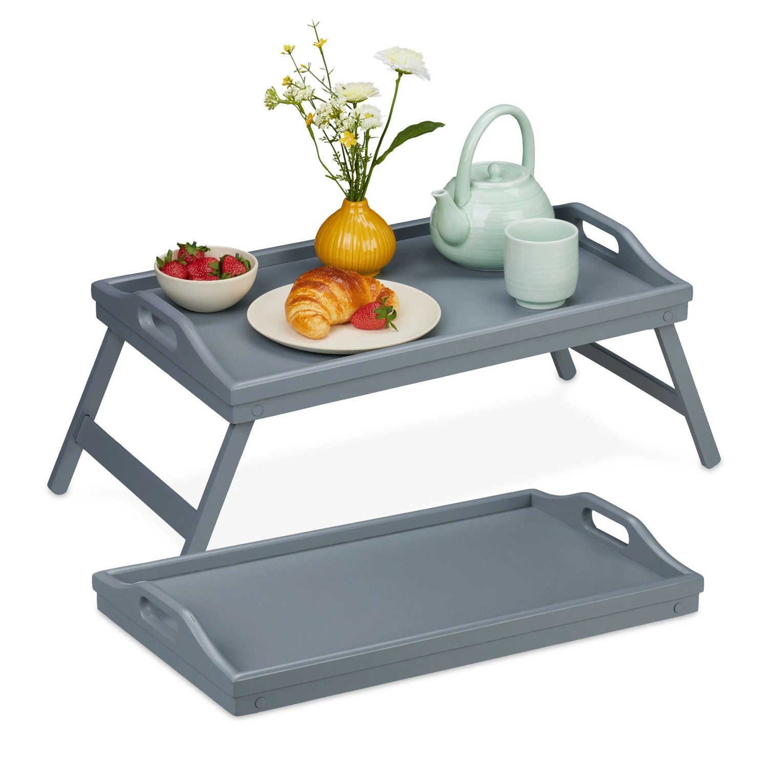 Relaxdays Betttablett Bambus MDF Grau Klappbar 2er Set 24 cm x 60 cm x 30 cm