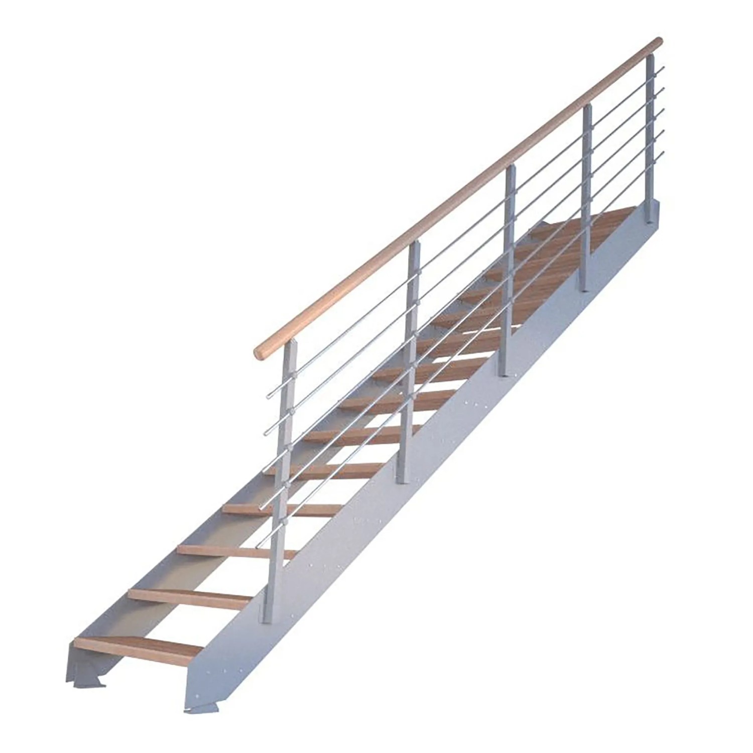 Treppe Kos mit 11 Buchenholzstufen, grauem Metallgeländer. Innentreppe für den Wohnbereich.
