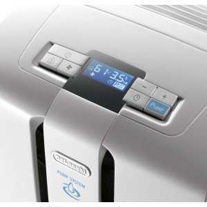 Detailaufnahme: DeLonghi Luftentfeuchter DD230P mit digitalem Display und Bedienelementen.